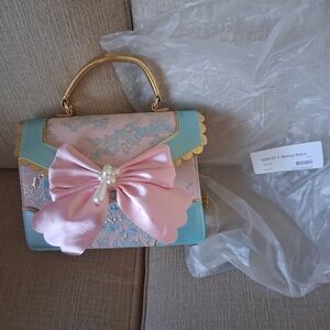 Irregular Choice Pink & Mint Satin Bow Top-Handle Satchel with Gold Trim